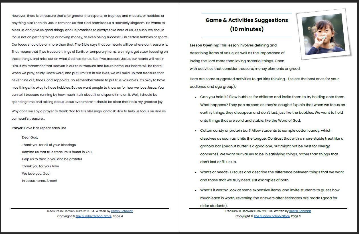 Treasure in Heaven (Luke 12:13-34) Printable Bible Lesson & Sunday School Activities - Image 4